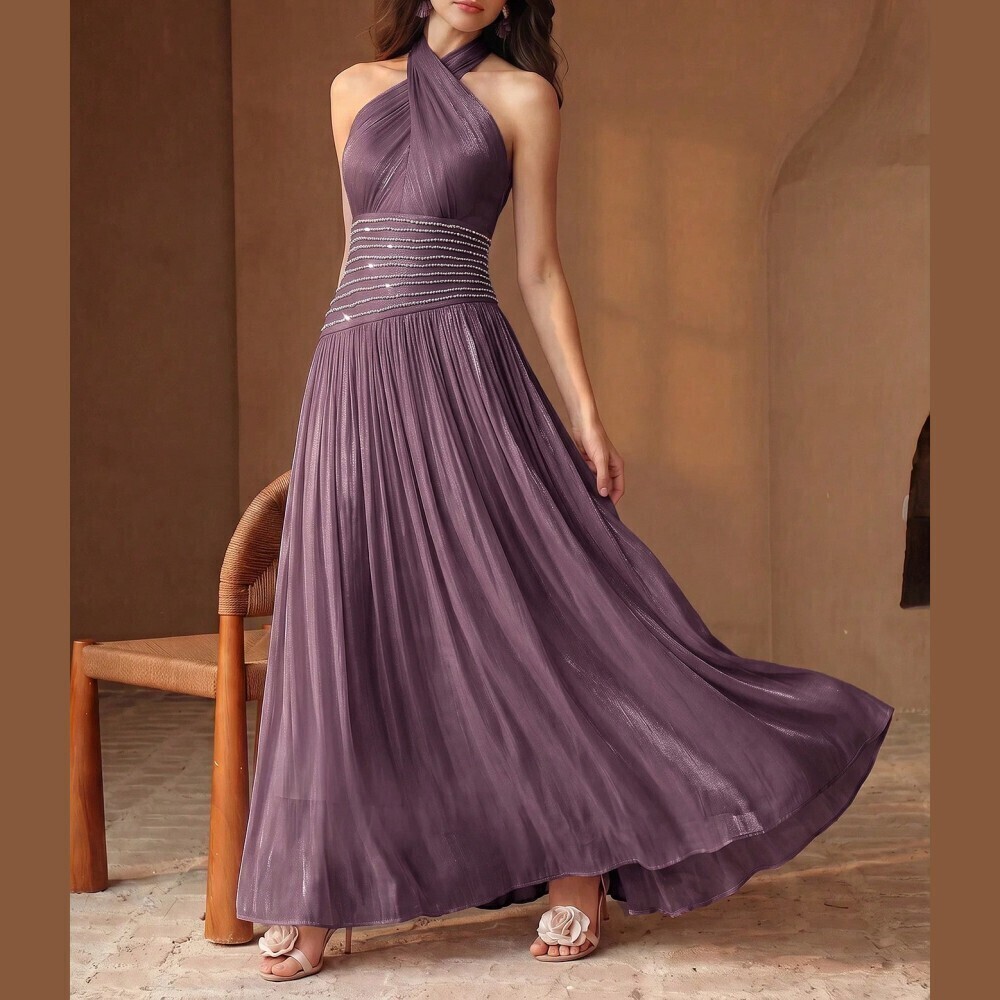 Dusty Purple Organza Halter Sparkly Waist Pleated Maxi Dress